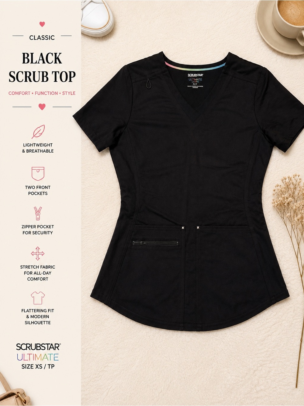 ScrubStar Ultimate Black Scrub Top XS | Stretch V-Neck Medical Nursing Uniform